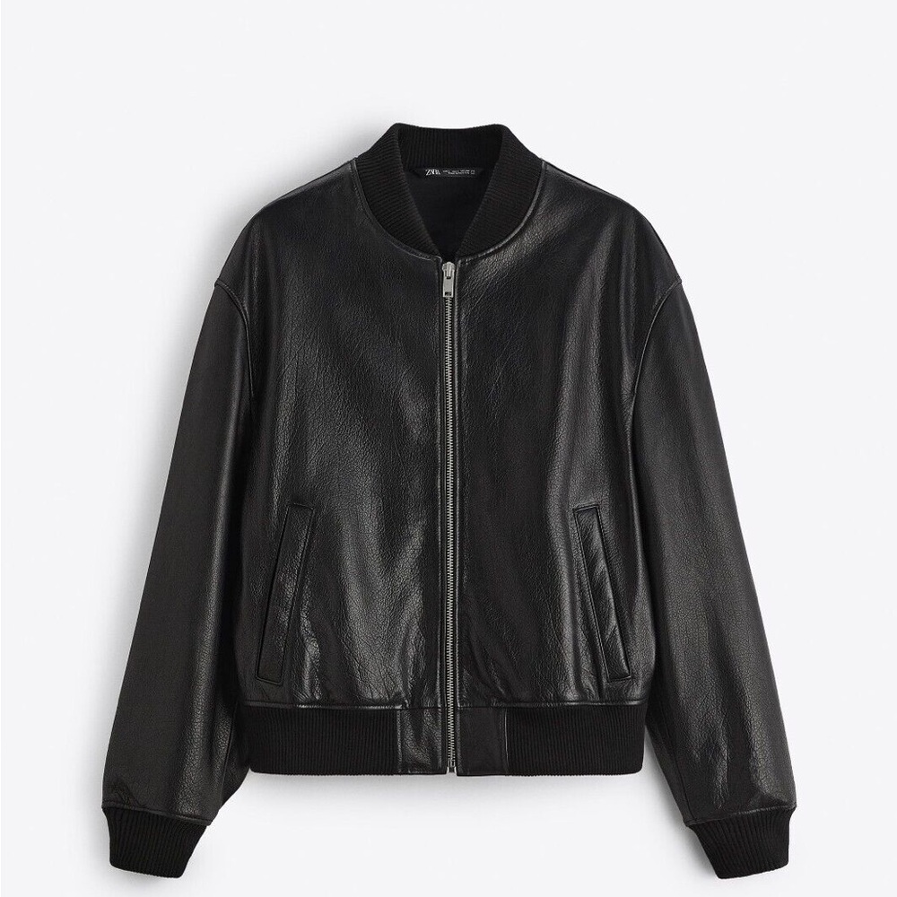 NWT ZARA Leather Collection Bomber Jacket Genuine